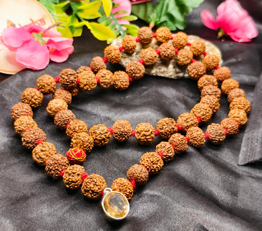 Lab Tested 7 and 8 Mukhi rudraksha mala with citrine Pendant for Overcome Negativity and gain financial stability 