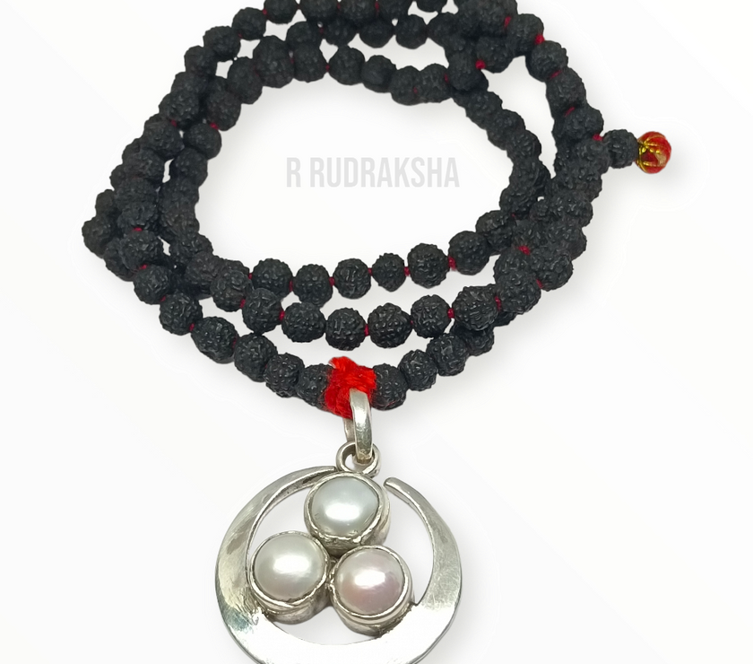 Pure Silver Half Moon 3-Pearl Black Rudraksha Mala Lab Certified