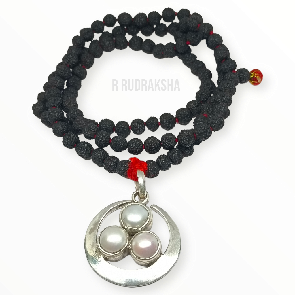 Pure Silver Half Moon 3-Pearl Black Rudraksha Mala Lab Certified