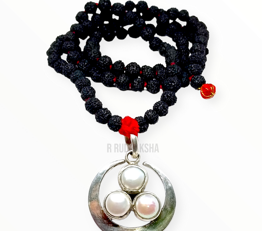 Pure Silver Half Moon 3-Pearl Black Rudraksha Mala Lab Certified