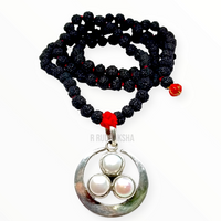 Pure Silver Half Moon 3-Pearl Black Rudraksha Mala Lab Certified