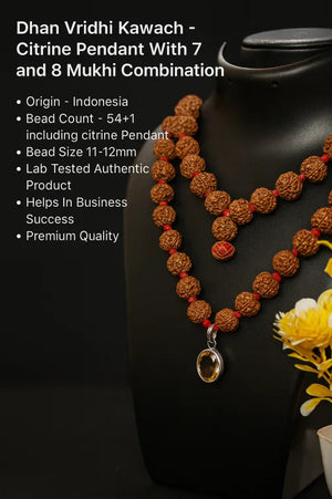 A detailed for 7 and 8 Mukhi rudraksha combination Mala with citrine Pendant 
