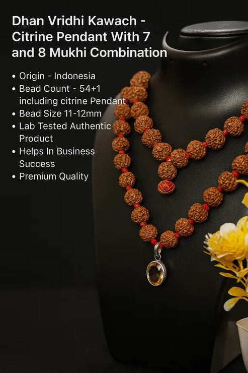 A detailed for 7 and 8 Mukhi rudraksha combination Mala with citrine Pendant 