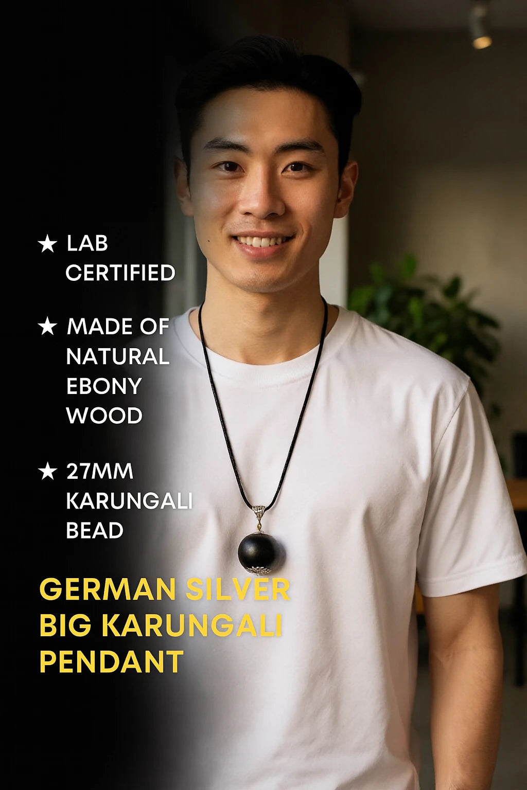 Man wearing a Karungali Big Bead pendant necklace with text detailing product features