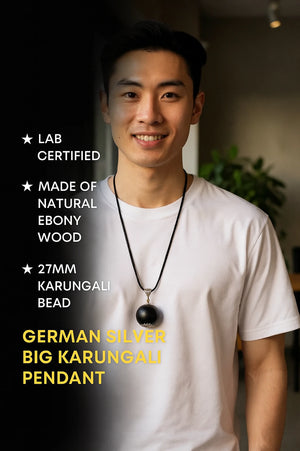 Man wearing a Karungali Big Bead pendant necklace with text detailing product features