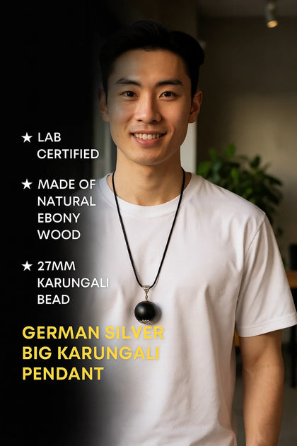 Man wearing a Karungali Big Bead pendant necklace with text detailing product features