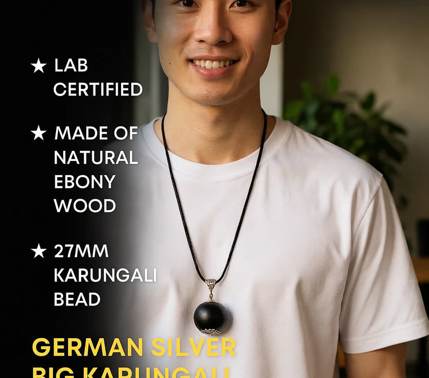 Man wearing a Karungali Big Bead pendant necklace with text detailing product features