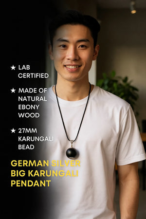 Man wearing a Karungali Big Bead pendant necklace with text detailing product features