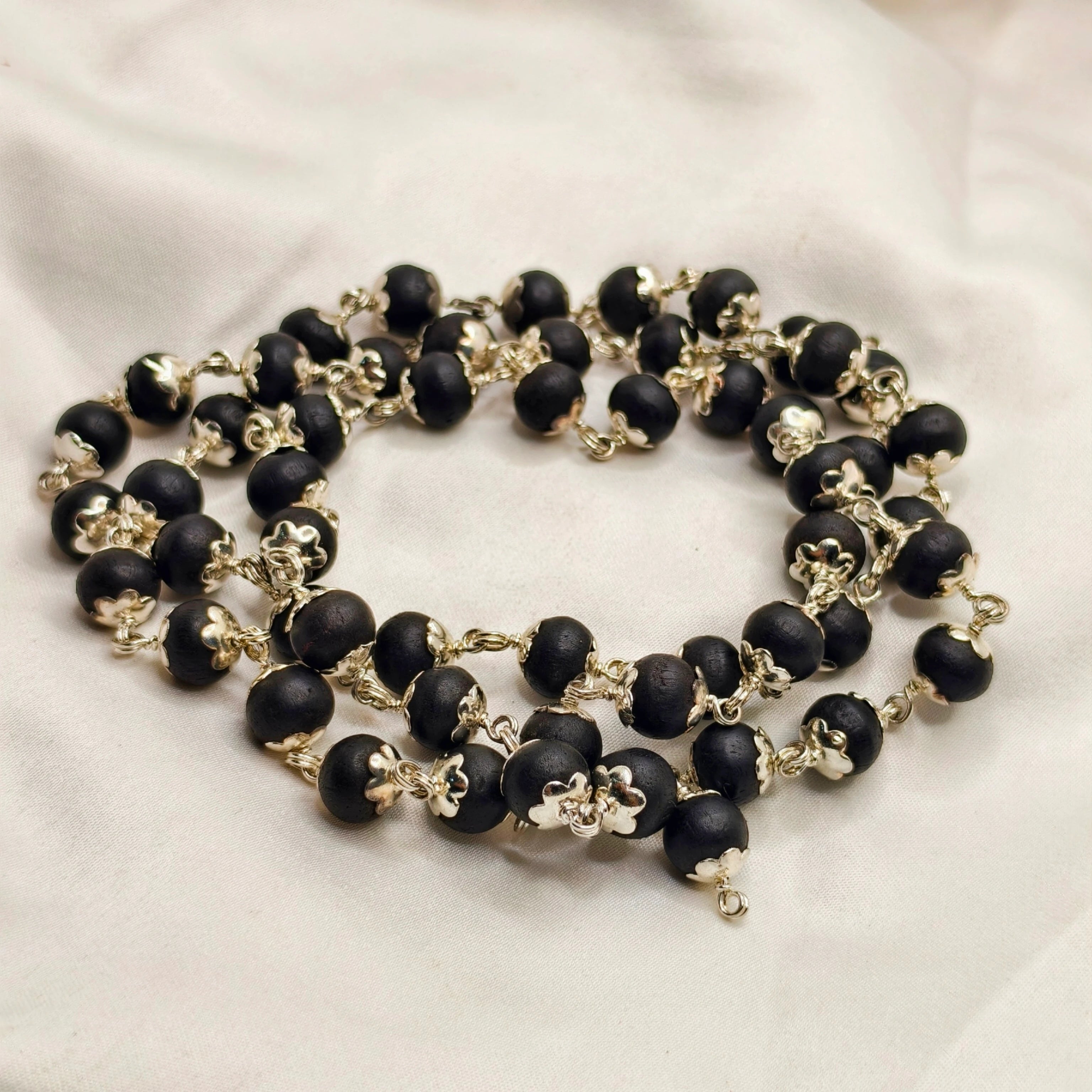 German Silver Karungali Malai - Eboney Wood 54 Beads Mala Lab Certified