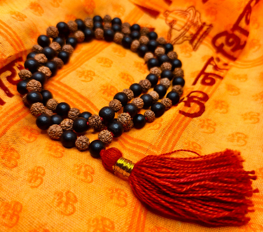 109 Beads Rudraksha and Ebony Karungali Malai For daily wear and chanting, premium Quality Lab Certified 