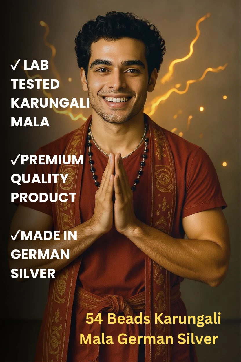 Man wearing a Karungali Mala with text highlighting features on a dark background