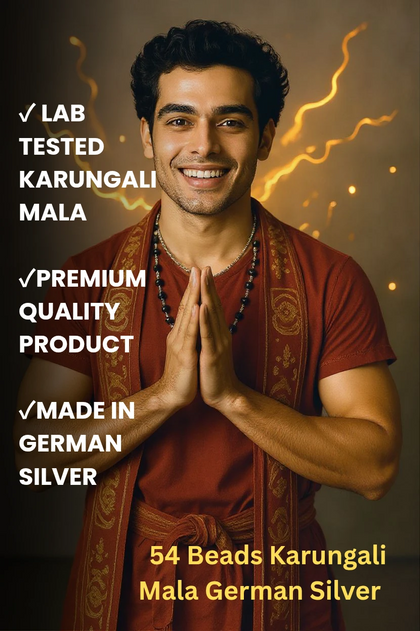 Man wearing a Karungali Mala with text highlighting features on a dark background