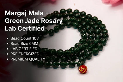 Green jade rosary with bead count, size, certification details 