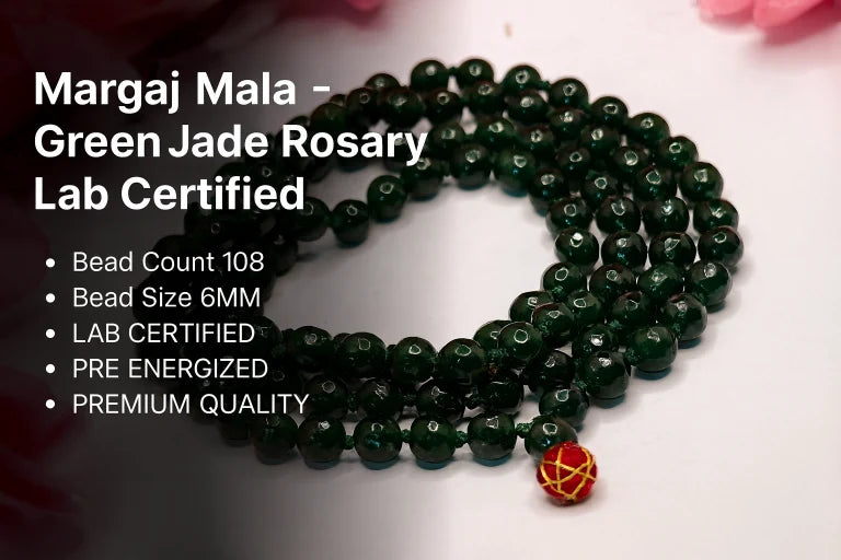Green jade rosary with bead count, size, certification details 