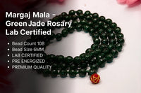 Green jade rosary with bead count, size, certification details 