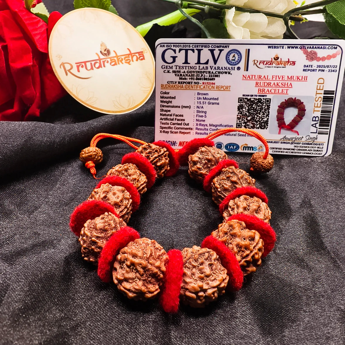 Rudraksha bracelet with red string on a dark fabric background, accompanied by a GTLV lab certificate.