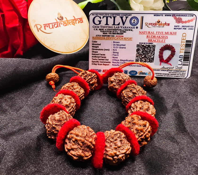 Rudraksha bracelet with red string on a dark fabric background, accompanied by a GTLV lab certificate.