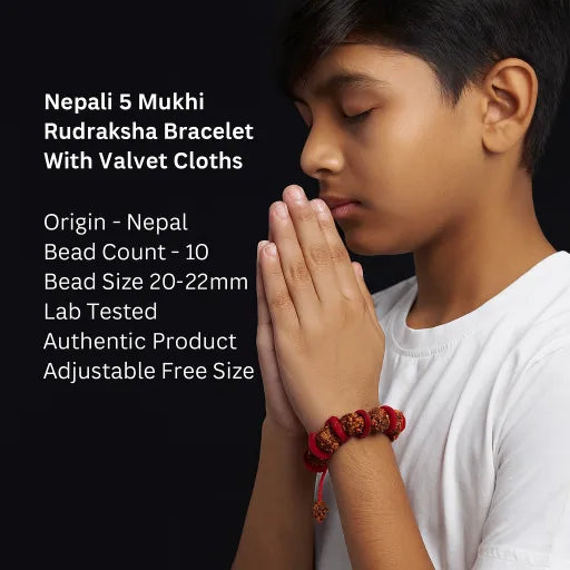 Detailed description of Nepali 5 Mukhi Rudraksha Bracelet With Valvet Cloths Lab Certified Premium Quality Product Nepali 5 Mukhi 