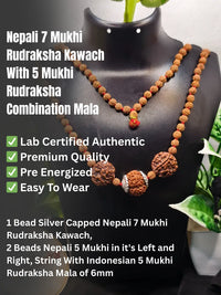 Necklace with beads on a mannequin, labeled as Nepali 7 Mukhi Rudraksha Kawach and 5 Mukhi Rudraksha Combination Mala.