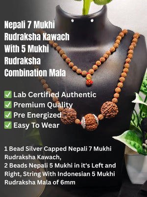 Necklace with beads on a mannequin, labeled as Nepali 7 Mukhi Rudraksha Kawach and 5 Mukhi Rudraksha Combination Mala.