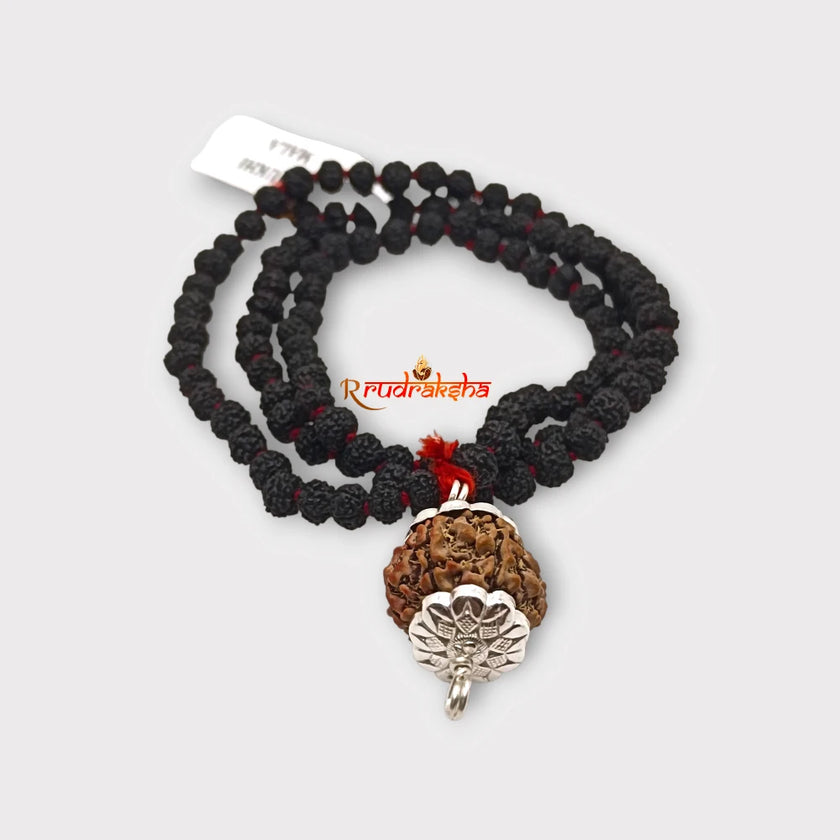 Nepali 5 Mukhi SilverCapped with Black Punchmukhi Rudraksha Mala