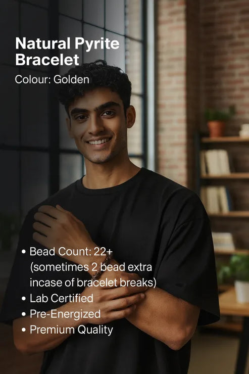 Man wearing a pyrite bracelet with product details on a blurred background