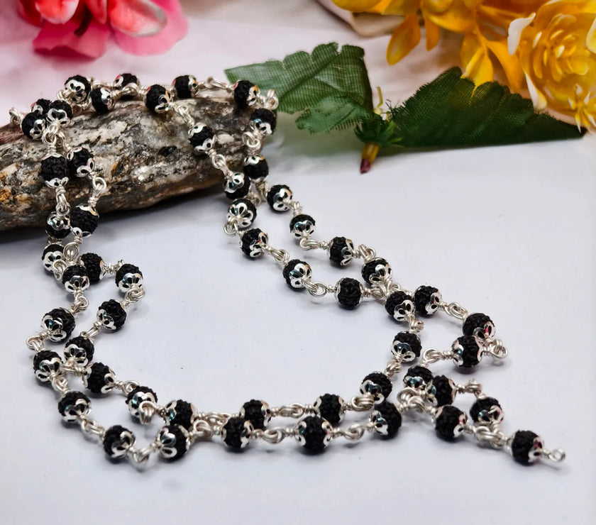 Pure Silver 5 Mukhi Black Rudraksha Mala Premium Quality Lab Certified for daily wearing 