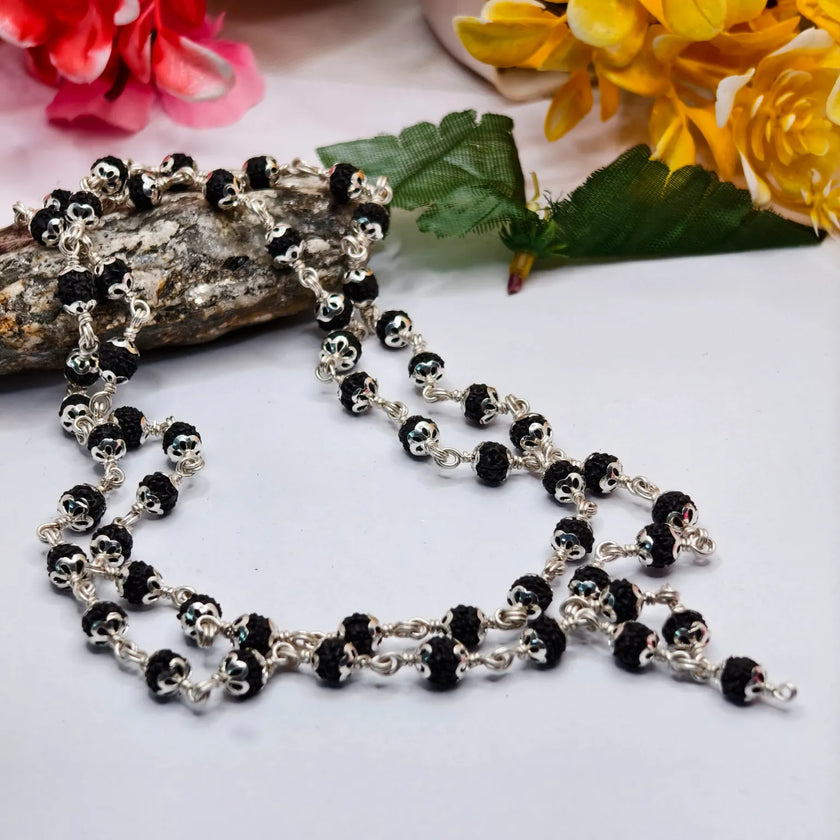 Pure Silver 5 Mukhi Black Rudraksha Mala Premium Quality Lab Certified for daily wearing 