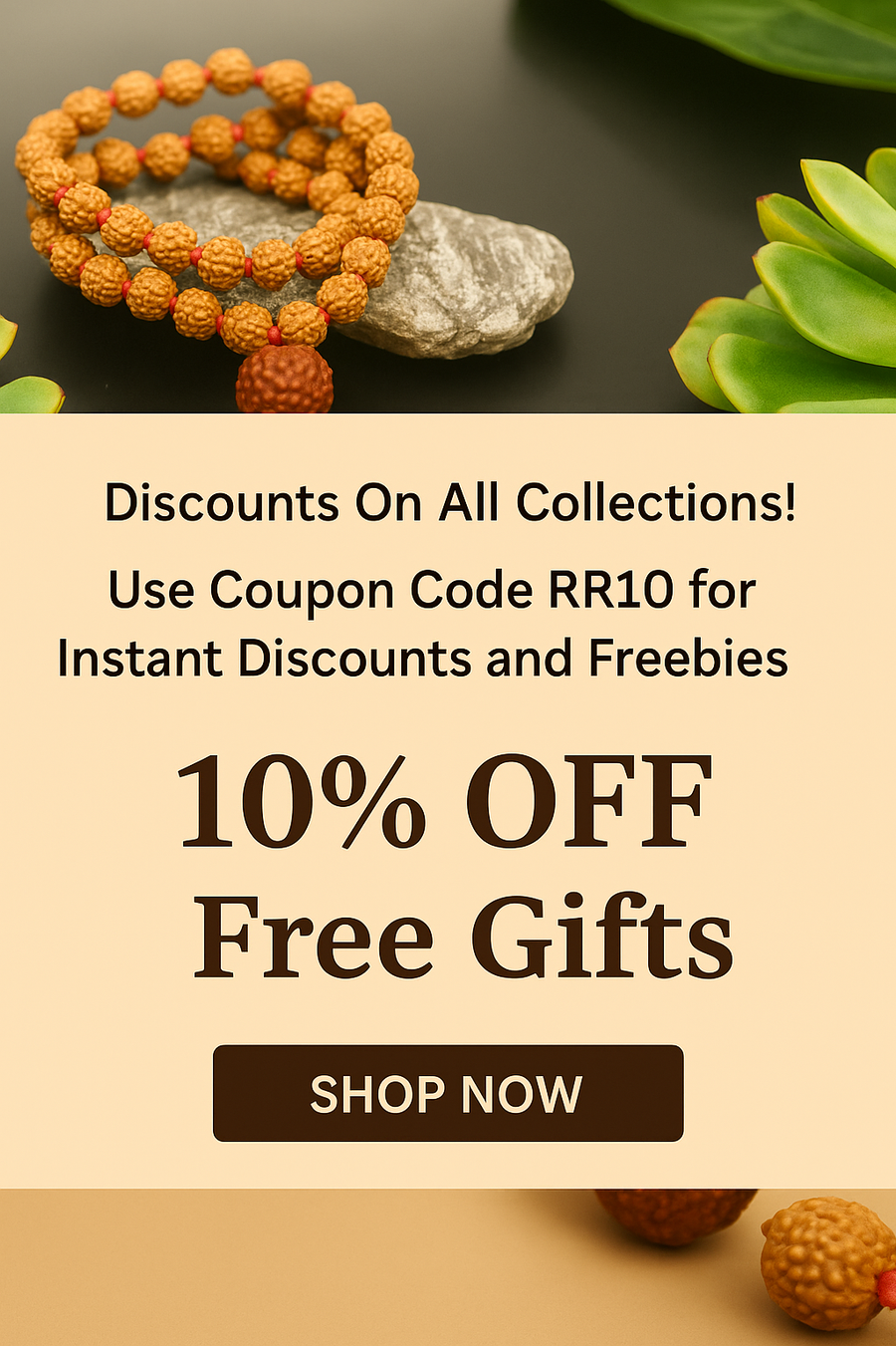 Promotional banner with orange beaded necklace, rock, and succulent plant on a dark background with text offering discounts and a coupon code.