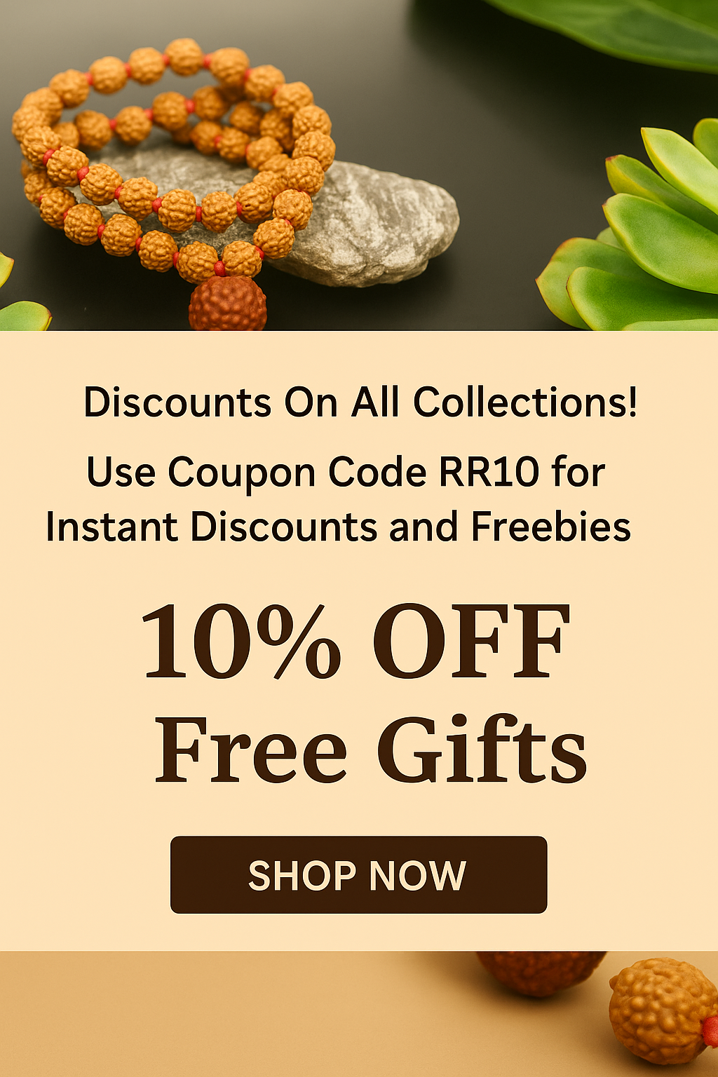 Promotional banner with orange beaded necklace, rock, and succulent plant on a dark background with text offering discounts and a coupon code.