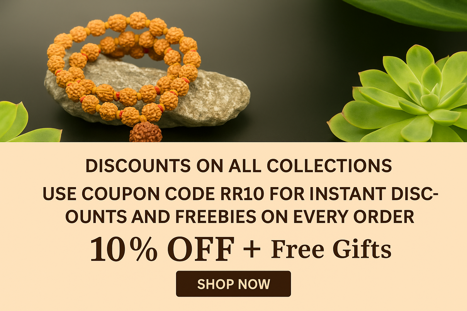 Orange beaded bracelet on a rock with green plants, promotional text overlay for discounts and freebies.