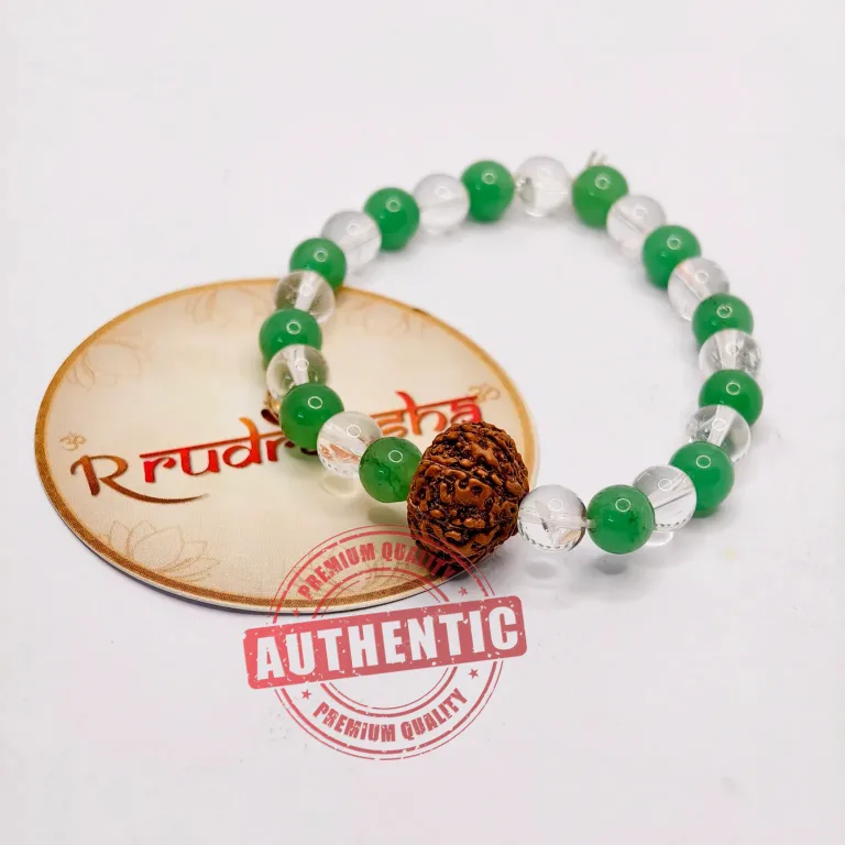 Green Aventurine and sphatik quartz with 9 Mukhi Rudraksha, Green and silver beaded bracelet with a brown Rudraksha bead on a white background with 'Rudraksha' branding.