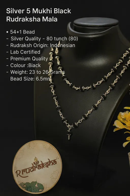 Details of Silver 5 Mukhi Rudraksha Mala pure Silver Black Rudraksha Mala 