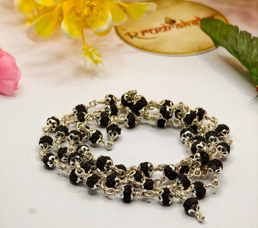 A Silver Kantha made up with 5 Mukhi Rudraksha 55 Beads Lab Certified Premium Quality 5 Mukhi Rudraksha Mala Silver 