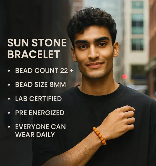 Man wearing a sun stone bracelet with product details on a blurred city street background