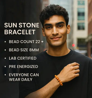 Man wearing a sun stone bracelet with product details on a blurred city street background