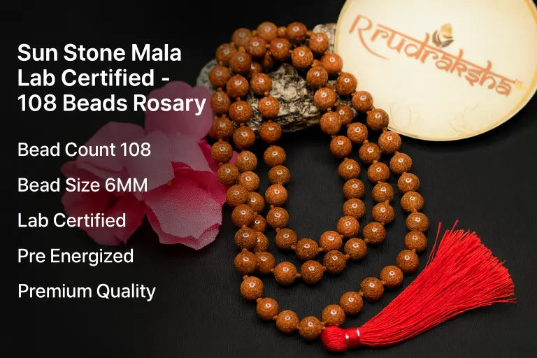 Sun Stone Mala Rosary with bead count, size, certification details on a black background