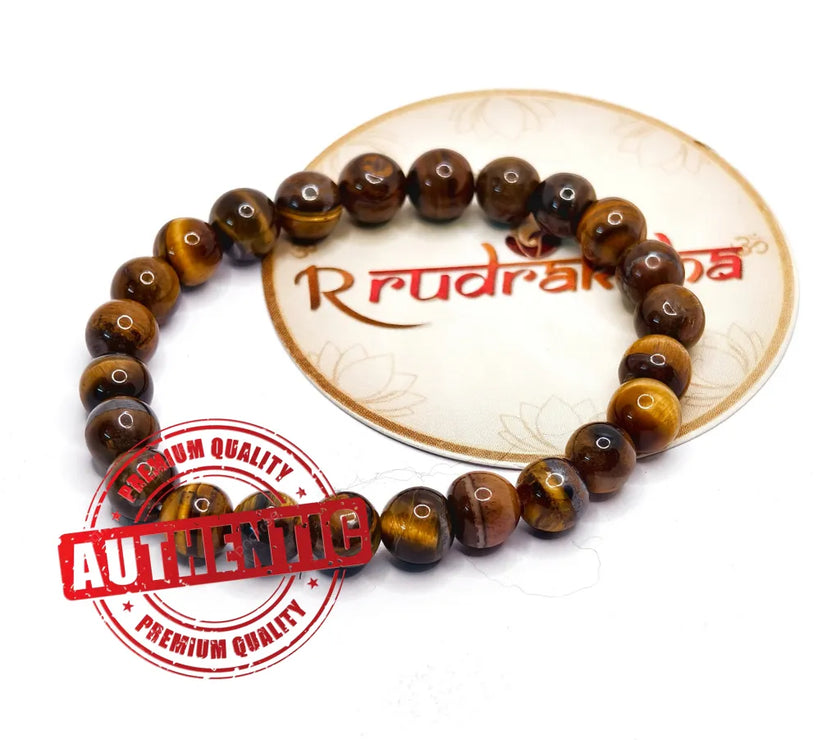 Tiger Eye Beaded bracelet on a R Rudraksha branded card with 'Authentic' stamp