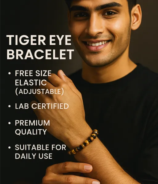 Man wearing a tiger eye bracelet with product features listed on a dark background
