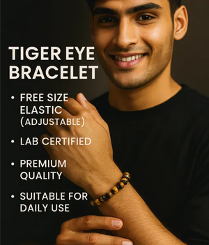 Man wearing a tiger eye bracelet with product features listed on a dark background
