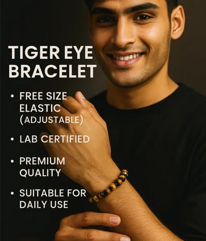 Man wearing a tiger eye bracelet with product features listed on a dark background