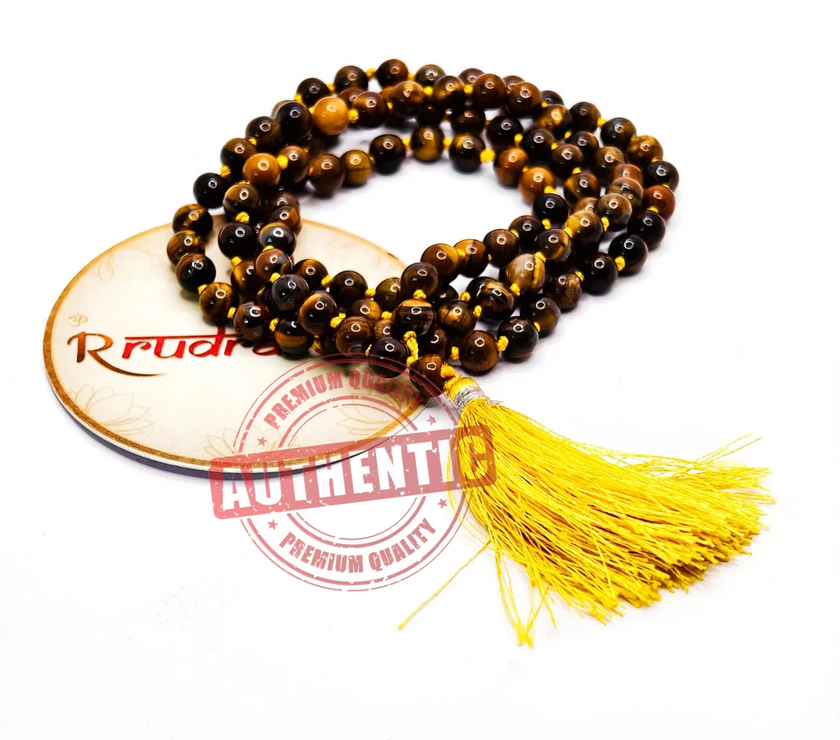 108 Beads Tiger Eye Stone Mala for Chanting and wearing purpose, 100% authentic with lab certificate 