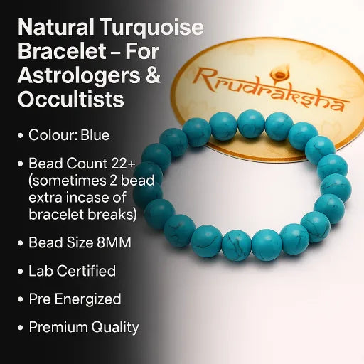 Turquoise bracelet with product details on a white background