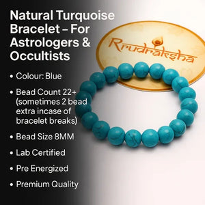 Turquoise bracelet with product details on a white background