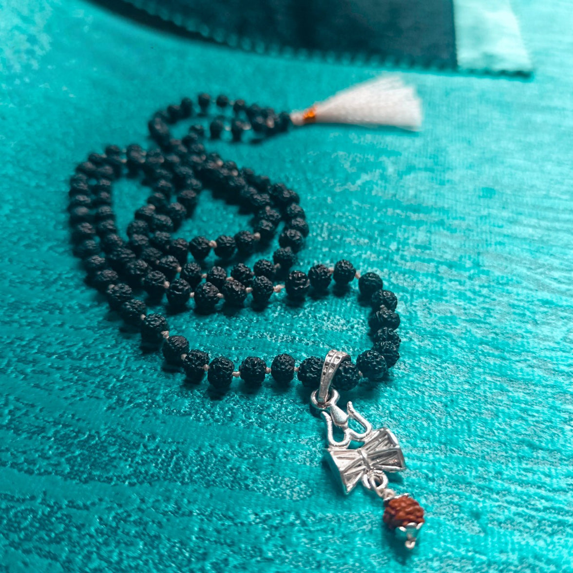 Pure Silver Trishul Damru Locket String With Black Rudraksha Mala White Threads