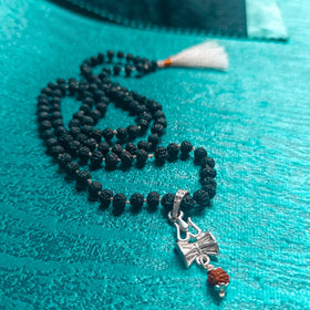 Pure Silver Trishul Damru Locket String With Black Rudraksha Mala White Threads