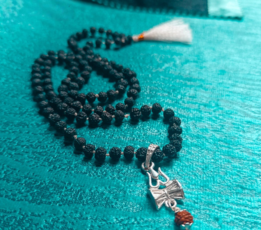 Pure Silver Trishul Damru Locket String With Black Rudraksha Mala White Threads