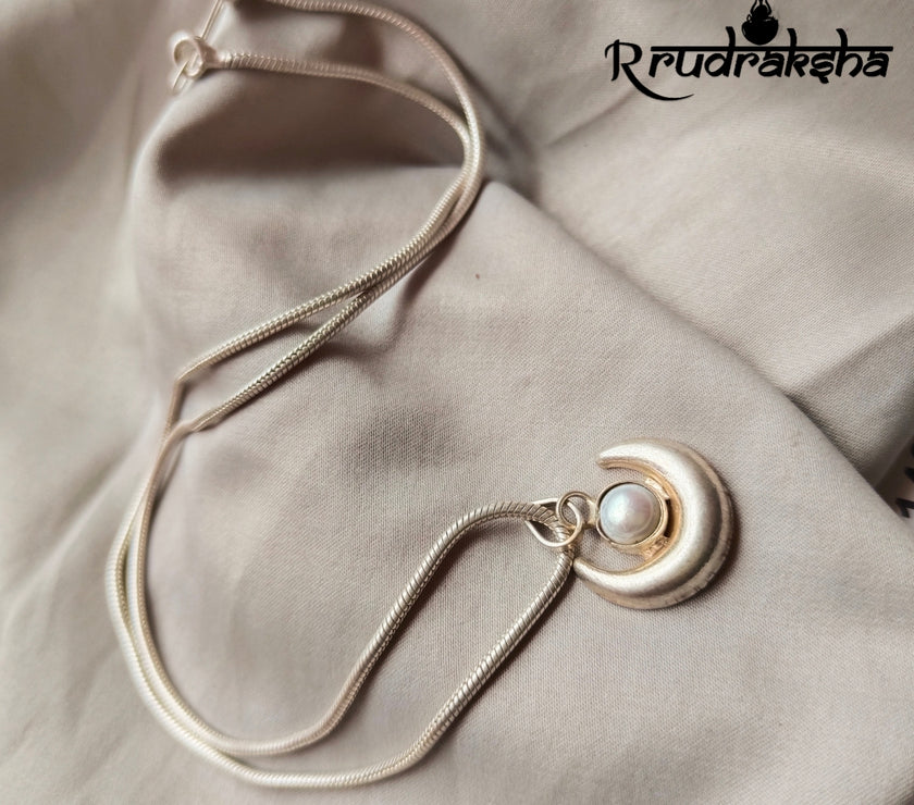 HalfMoonShape Pure Silver Locket With Natural Pearl With Chain