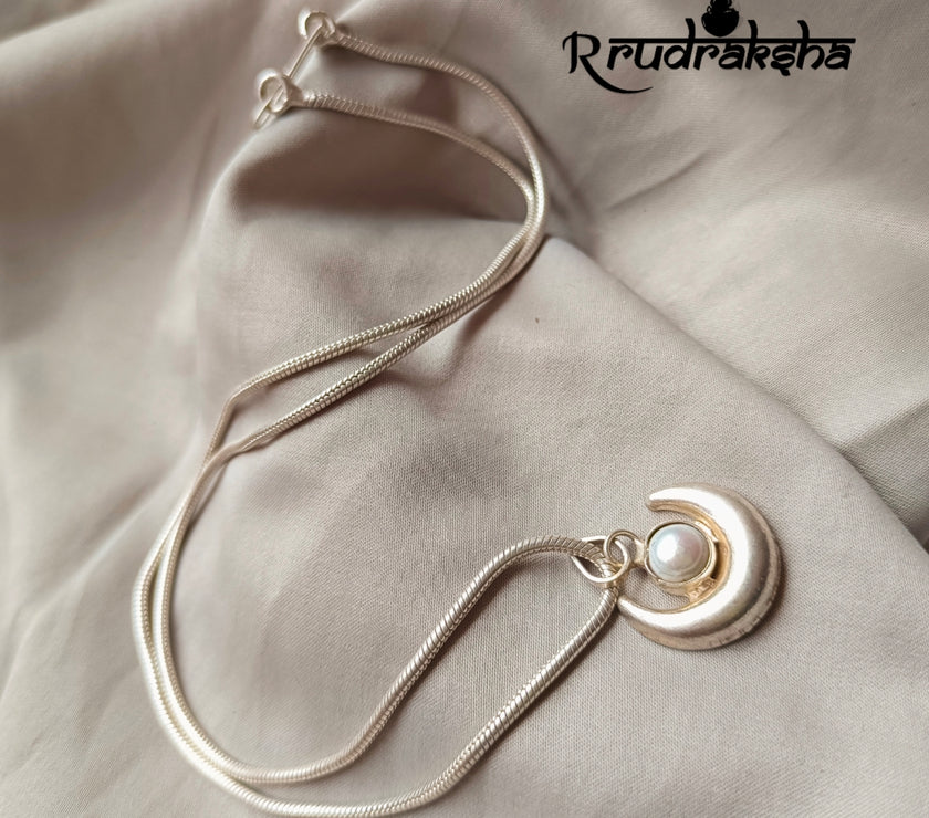 HalfMoonShape Pure Silver Locket With Natural Pearl With Chain