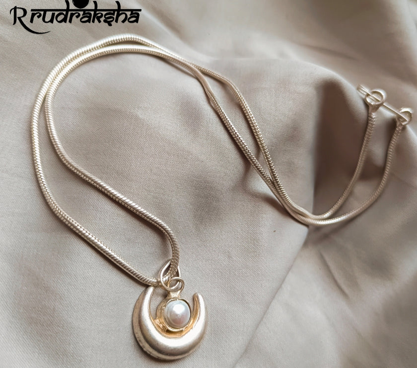 HalfMoonShape Pure Silver Locket With Natural Pearl With Chain